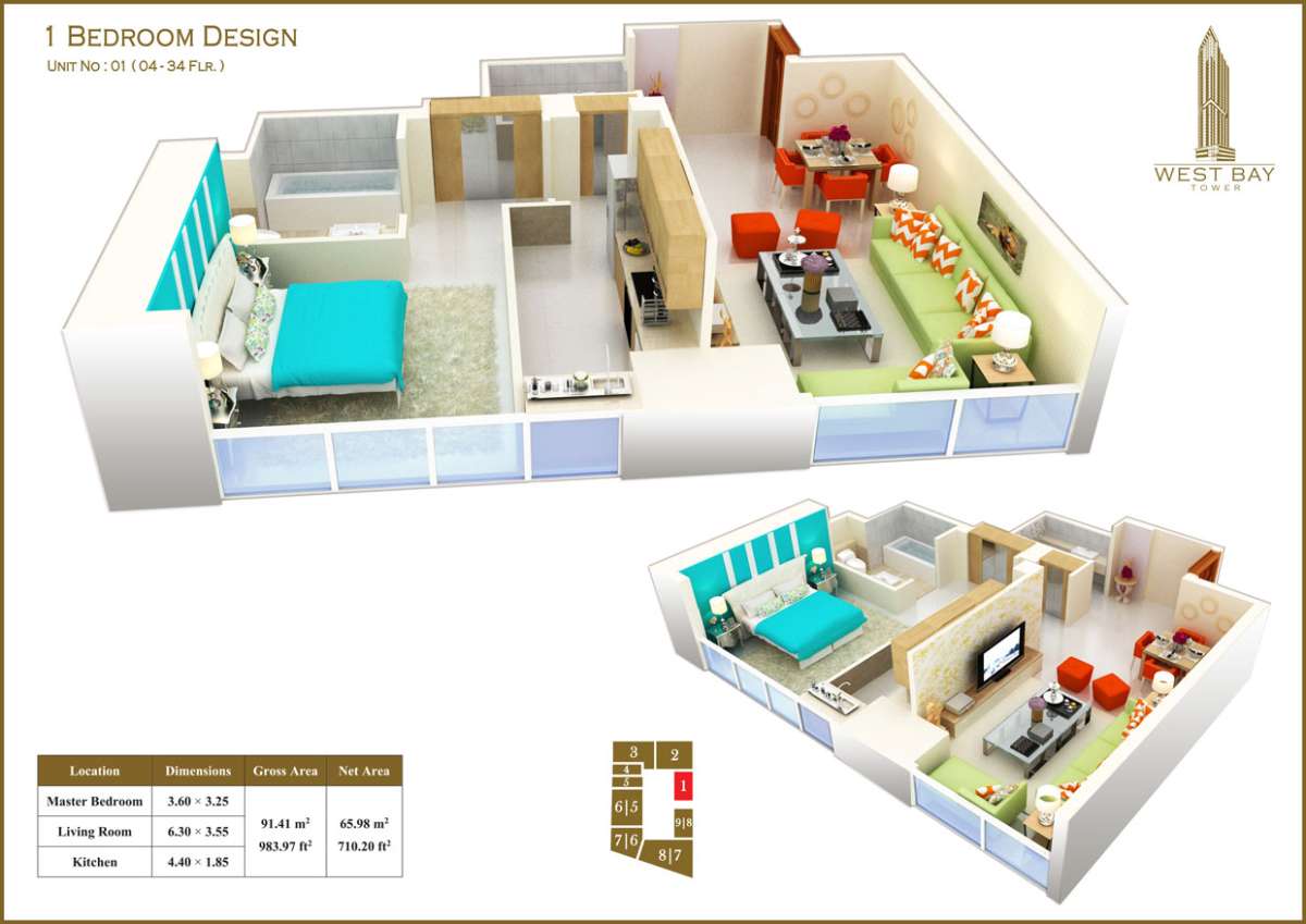 1 Bedroom Unit 01, Size 983 sq ft